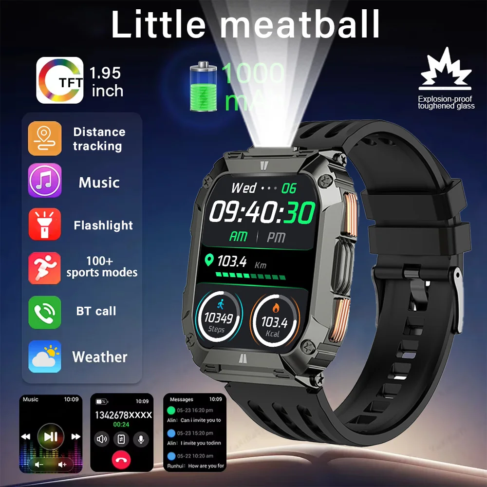 

Mens Military Smart Watch 1.95'' Display Heart Rate & Sleep Monitor 100+ Sport Modes Flashlight for Android & iPhone
