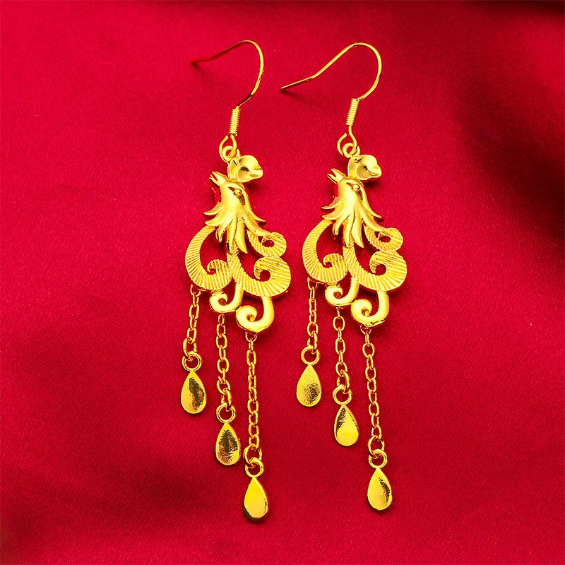 9999 24K Real Gold Women's Peacock Earrings with Ear Hooks Fashionable and Versatile Ethnic Style Women's Earrings