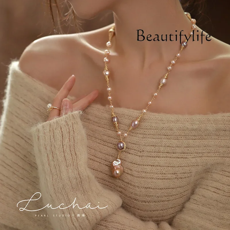 Nordic natural freshwater purple pearl sweater necklace women's light luxury niche sweater chain women's