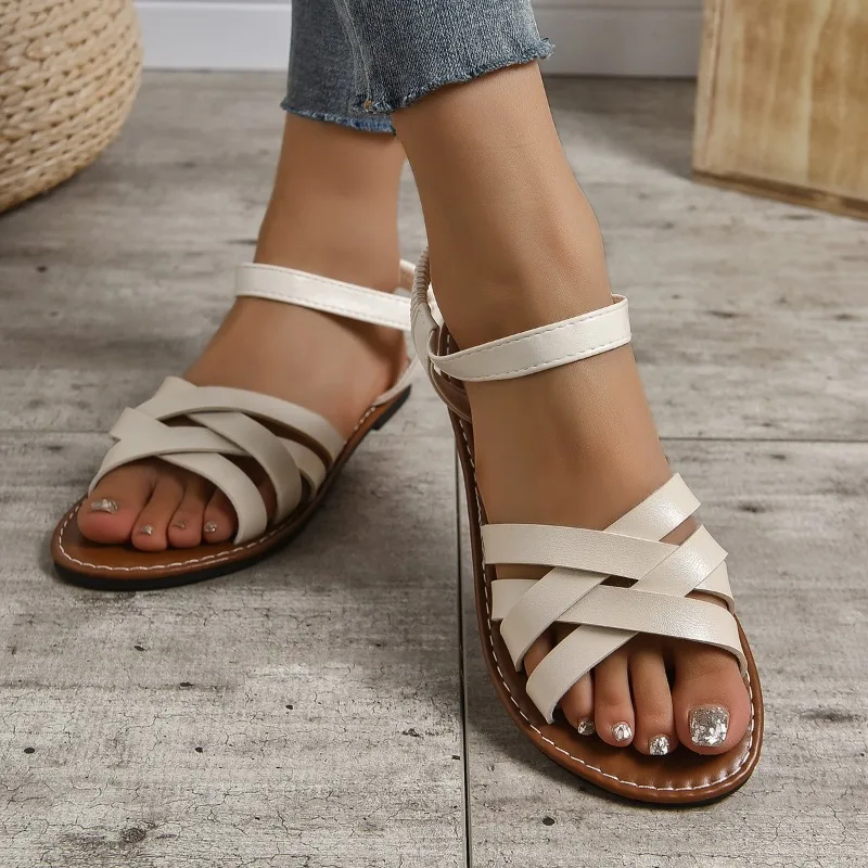 Women Fashion Casual Summer 2024 New Flat Solid Shoes Crisscross Ankle Strap Ladies Beach Sandals Women\'s Sandalias Slippers