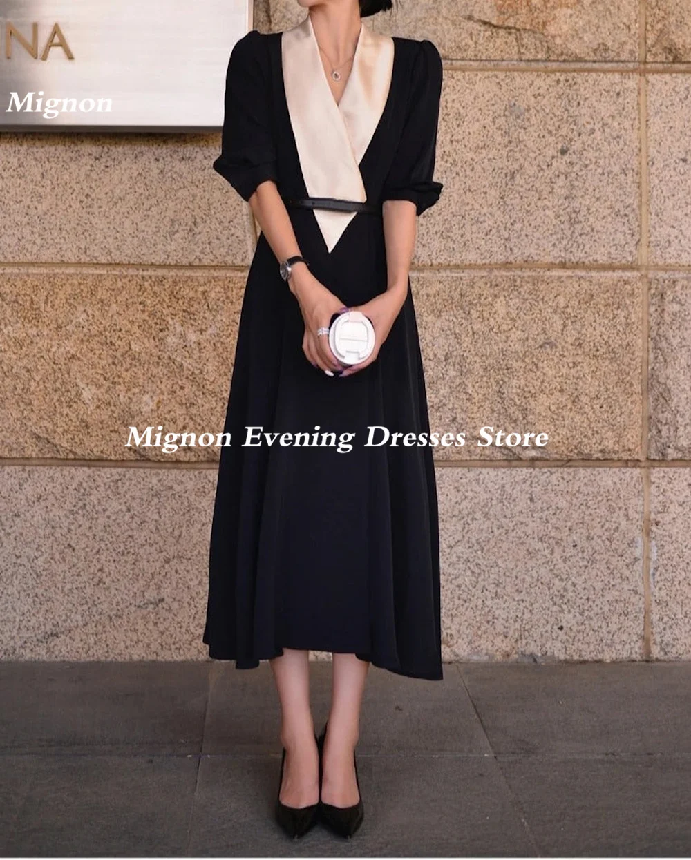 Mignon Satin A-line V-neck Arab Popular Ruffle Prom Gown Tea Length Saudi Evening Formal Elegant Party Dress for Women 2023