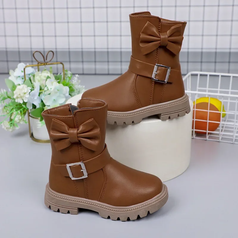 Fashion Buckle Bow Design Children Western Knight Boots Girls Soft Leather Waterproof Short Rubber Boots High Top Casual Shoes