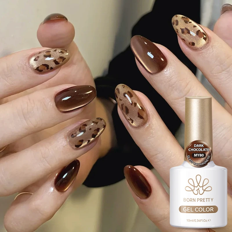 BORN PRETTY 10ml Brauner Kaffeefarben-Katzenaugen-Magnet-Nagellack für Herbst und Winter, UV-LED Semi-Permanent Nagellack zum Einweichen, 1/5 Stück