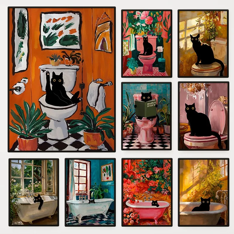 Affiche de chat noir drôle coloré dans la salle de bain, chats assis sur les toilettes et le bain, peinture sur toile, Art mural pour décoration de maison de salle de WC