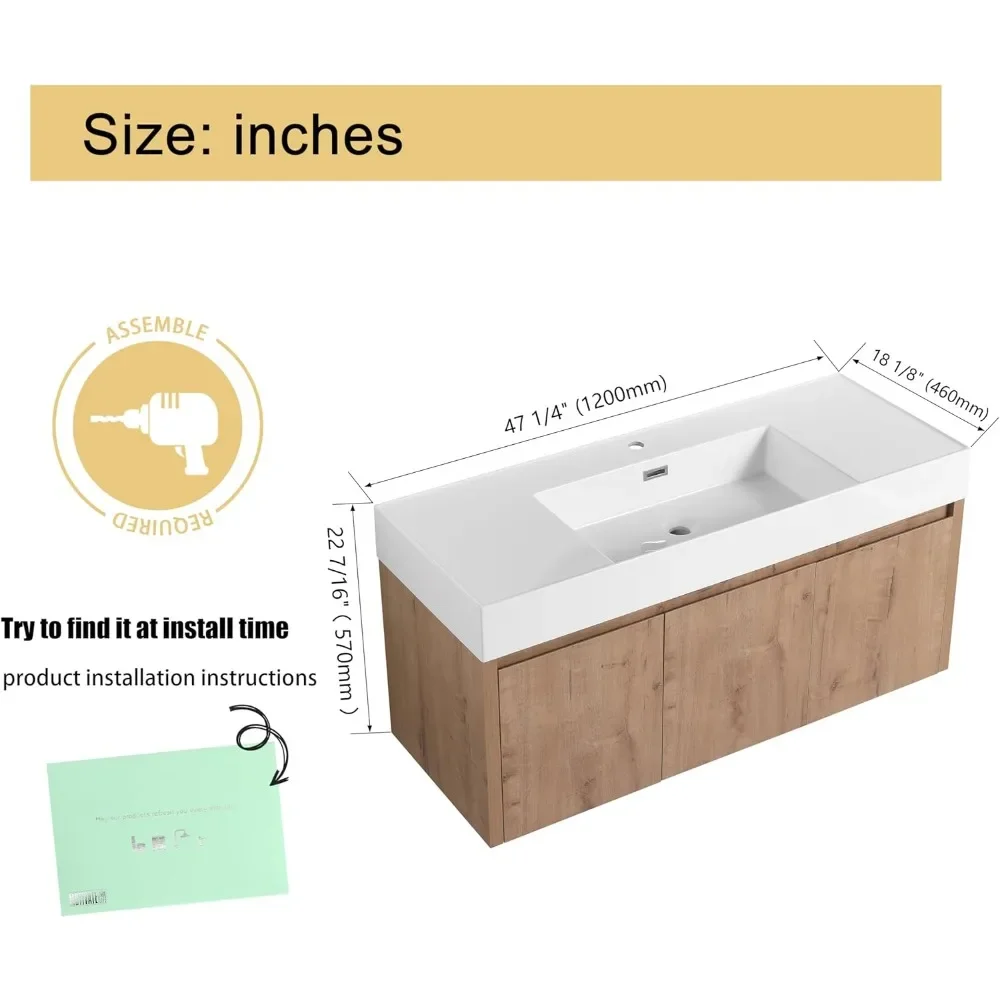 48 Inch Floating Bathroom Vanity with 2 Doors and White Resin Basin Sink, Single Sink Wall Mounted Bathroom Vanity