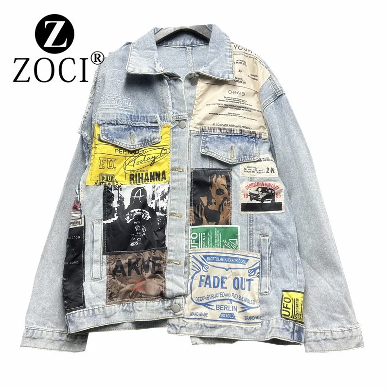 [ZOCI] Jacket, women's Instagram brand, irregular patch printed jacket, hip-hop street boyfriend, loose Hong Kong style denim