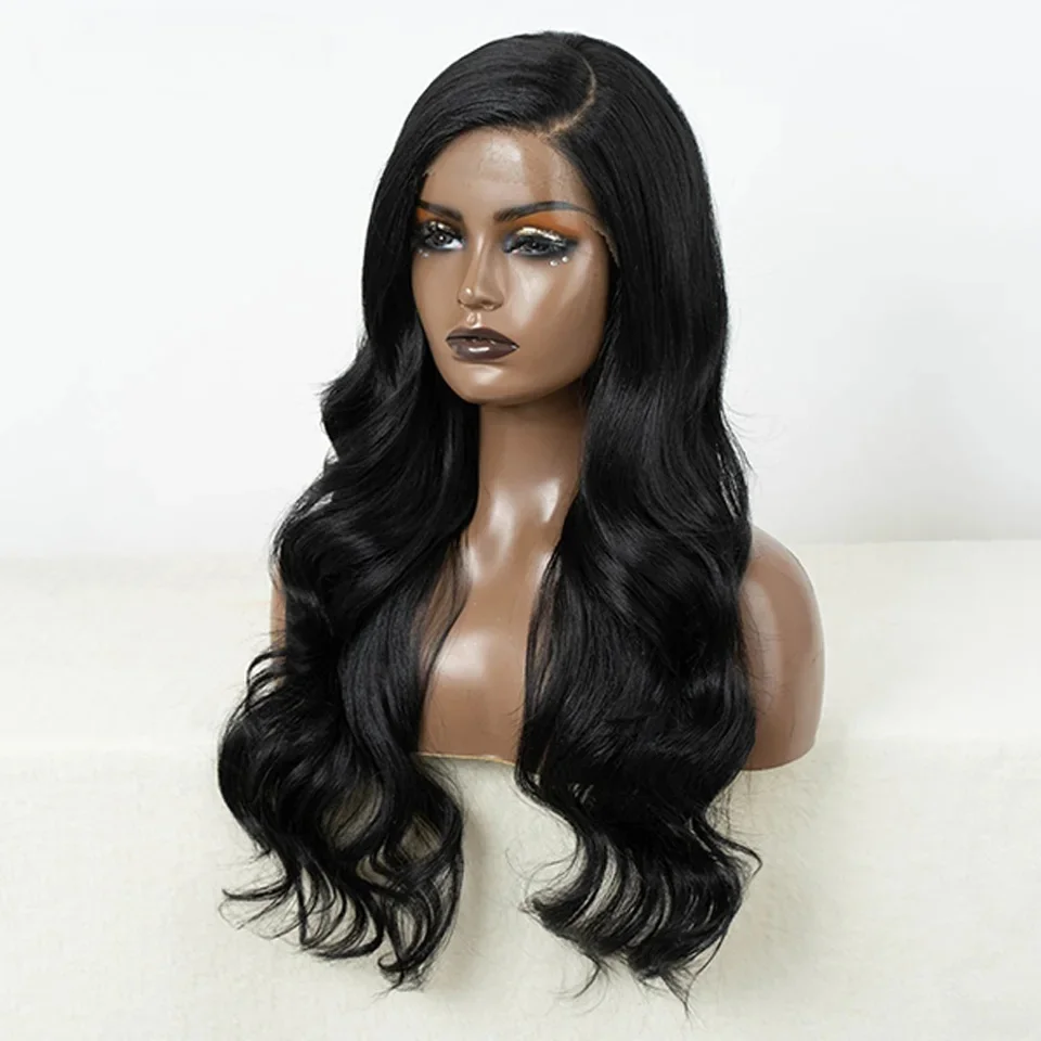 Мягкий черный 180 Плотность Объемная волна Машинный парик с для женщин Высокотемпературное волокно Косплей Бесклеевой парик для ежедневного использования
