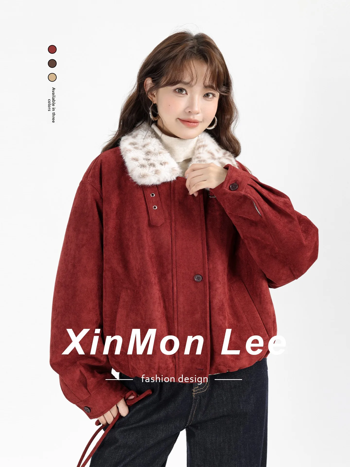 Lixingmeng Red Leopard Print Color Block Short Thickened Suede Jacket Warm Outerwear Elegant Style Standard Fit Women's Coat
