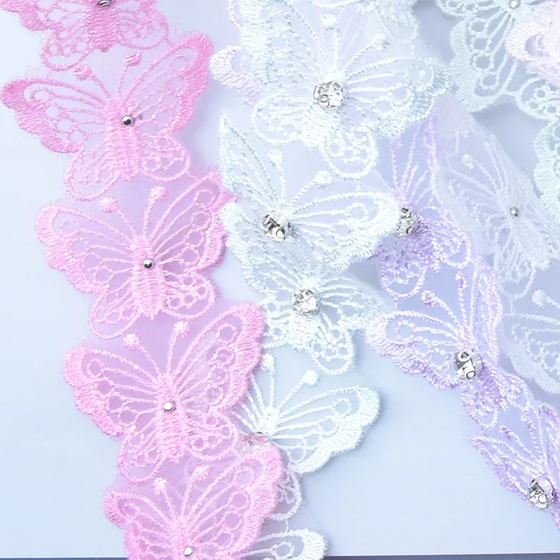 Finiture in pizzo di organza ricamate a farfalla con strass da 4,5 cm - 20 metri/rotolo per toppe per abbigliamento, decorazioni per borse, artigianato fai da te e arte tessile