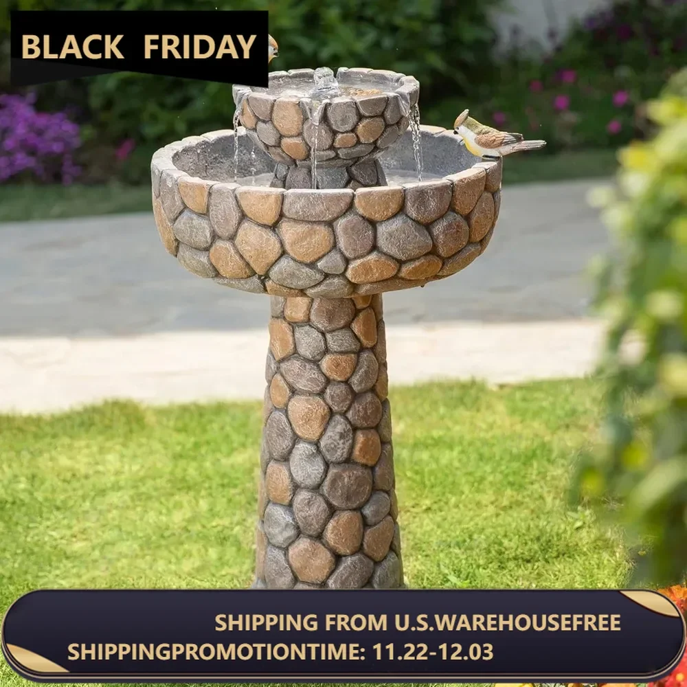 2-Tier Stone Like Outdoor Water Fountain Bird Bath Patio Fountain Outdoor Waterfall Fountain with Birds Decor