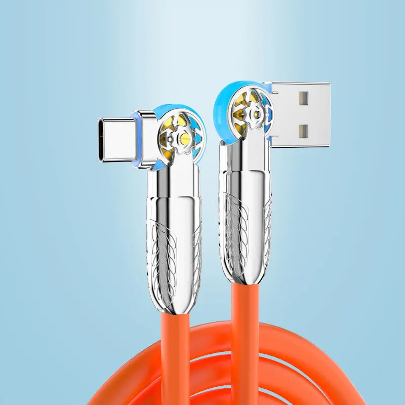 USB Type-C Double Elbow Rotary Led Light Extra Coarse Soft Silicone Machine Quick Charging Data Cable Car General Charging Cable