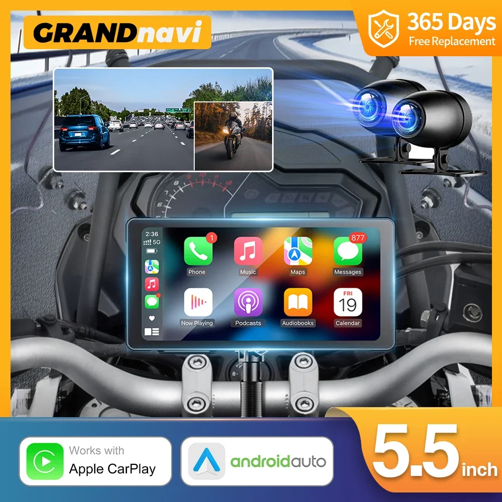 5.5inch Motorcycle Car Monitor GPS Navigation IP66 Waterproof Wireless Android Auto Carplay Screen IPS Display Motorcycle Radio