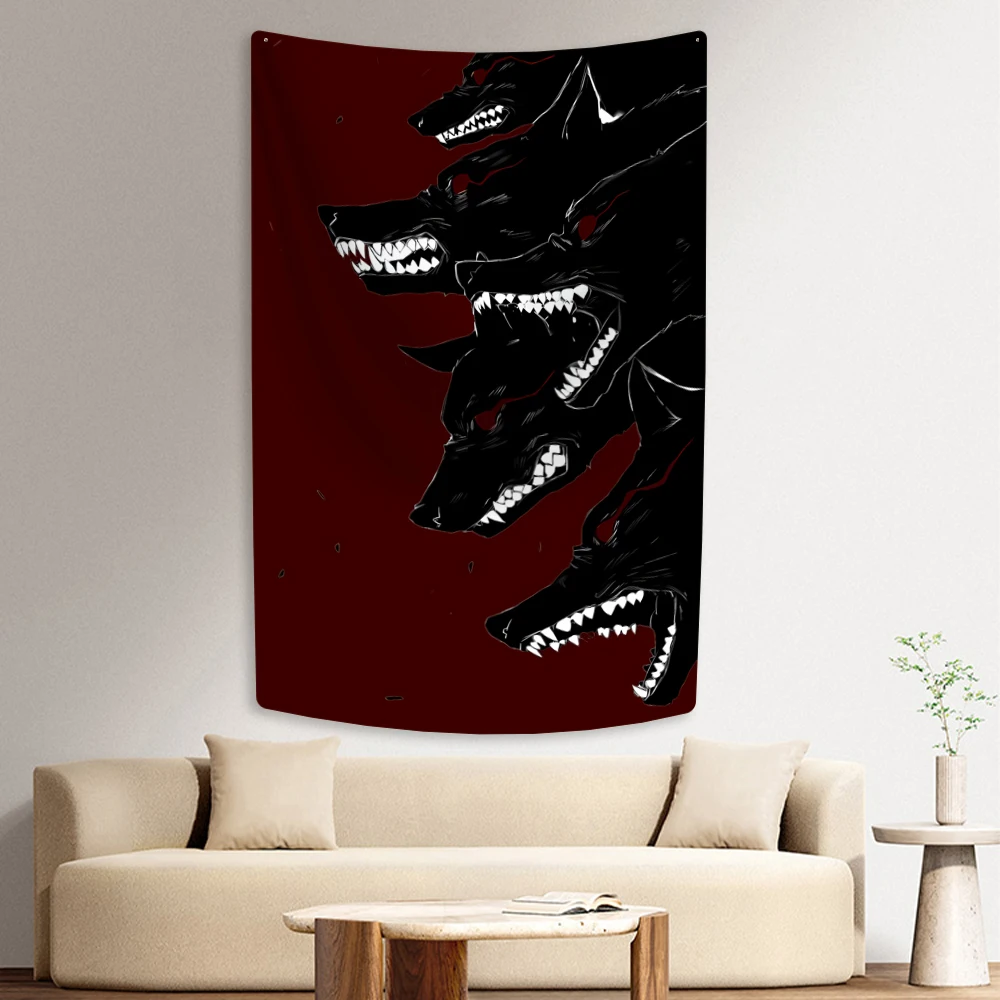 XxDeco Hellhound Cerberus Tapestry Animal Printed Home Decor Aesthetics Wall Hanging Background Cloth Dorm Decoration Yoga Mat