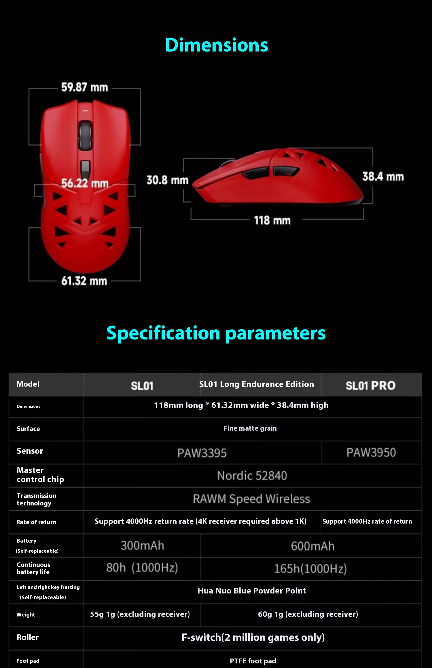 Imagem -06 - Mouse para Jogos sem Fio Esports 3395 Leve Mão Pequena e Média Hot Plug Bateria de Longa Duração 4k Renmo Sa-sl01