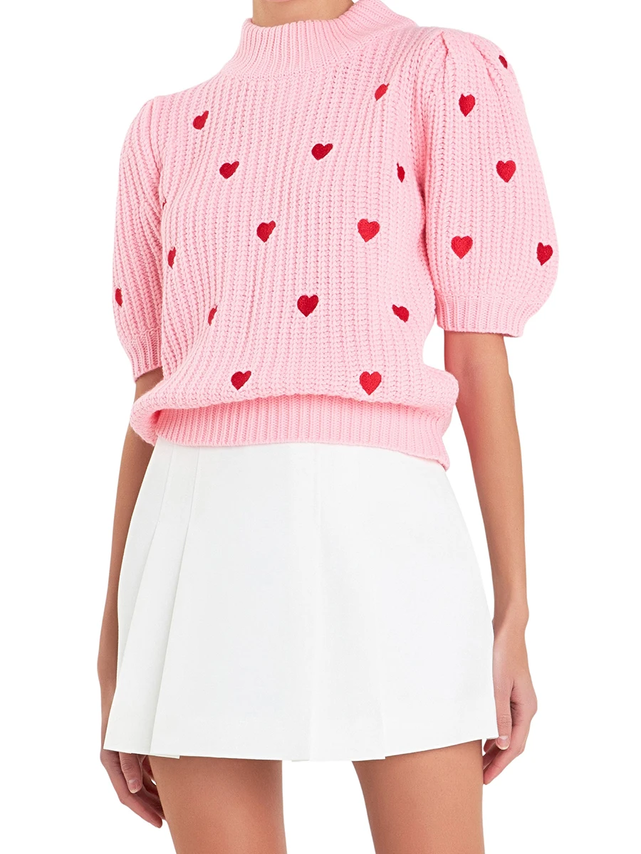 

Women s Valentine s Day Knit Sweater Half Sleeve High Neck Heart Print Knitwear Tops