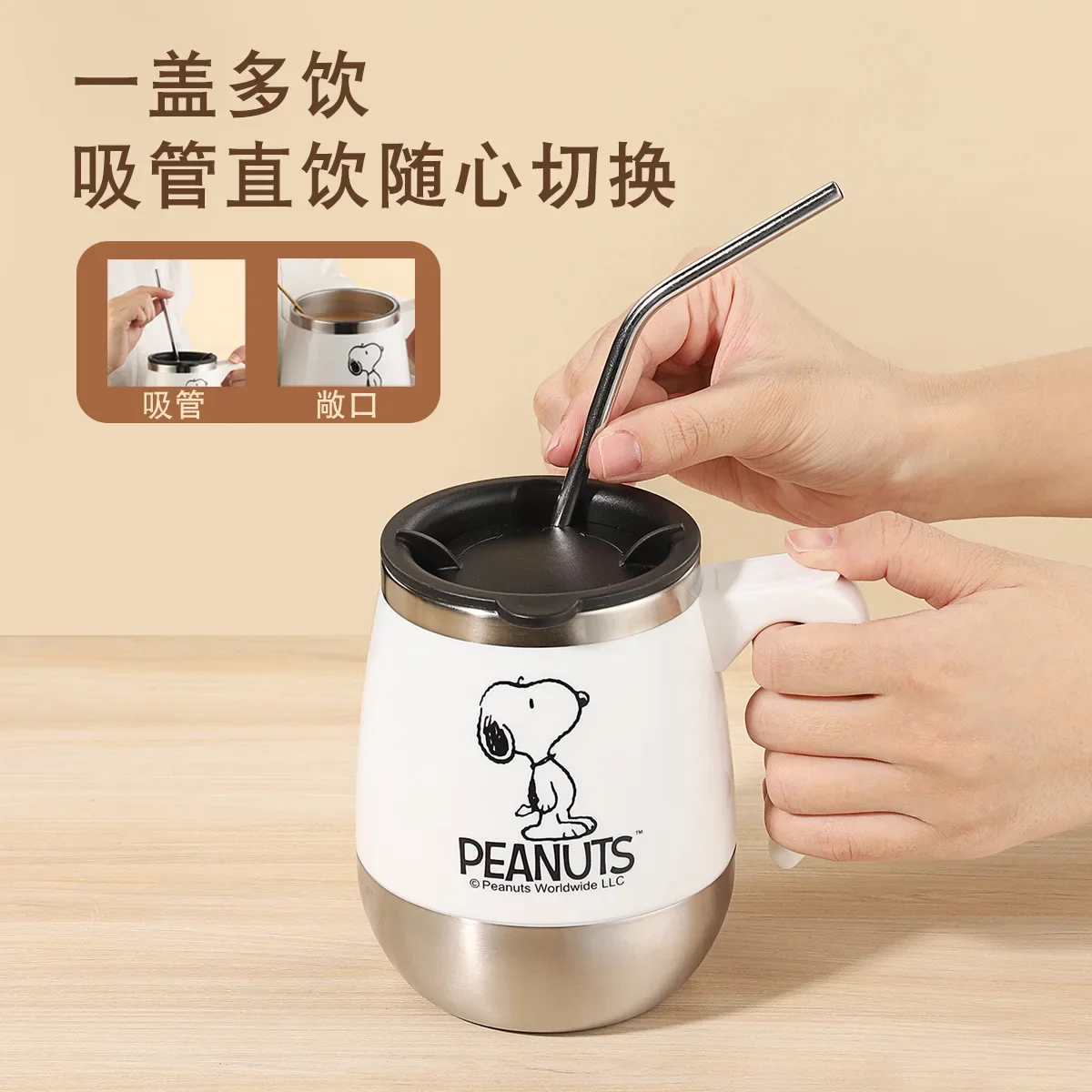 

Snoopy Thermos Cup Anime Large Capacity Office Cups Couple Mug 304 Stainless Steel Coffee Cups Household Water Cup with Lid