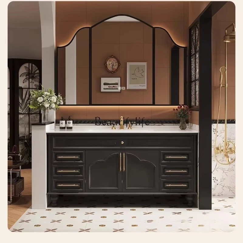 

*French retro oak bathroom cabinet combination floor-to-ceiling rock slab hot bending integrated basin washstand cabinet