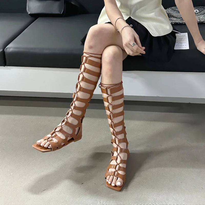 Brown Flats Long Boots Women Cross Strappy Summer Knee Boots Leisure Hollow Out Black Flat Sandals Zapatos Mujer image 2
