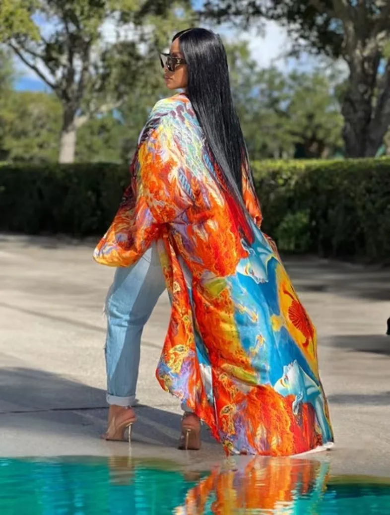 Europe Fashion Blogger Designed Printed Silk Loose Cardigans Oversized African Summer Swimwear Long Kimonos For Holiday