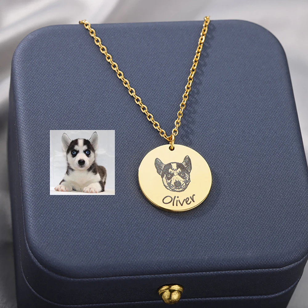 

Custom Pet Dog Cat Head Photo Name Necklaces For Women Men Stainless Steel Customized Animal Picture Round Pendant Necklace Gift