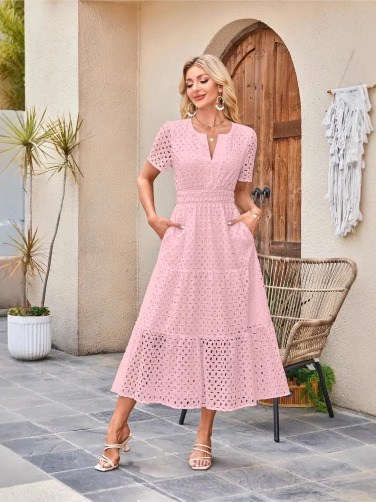

Women's V-neck Hollowed-eye Pleated Short-sleeved Dress Summer Elegant And Simple Style High-waisted Puff Sleeve Dresses