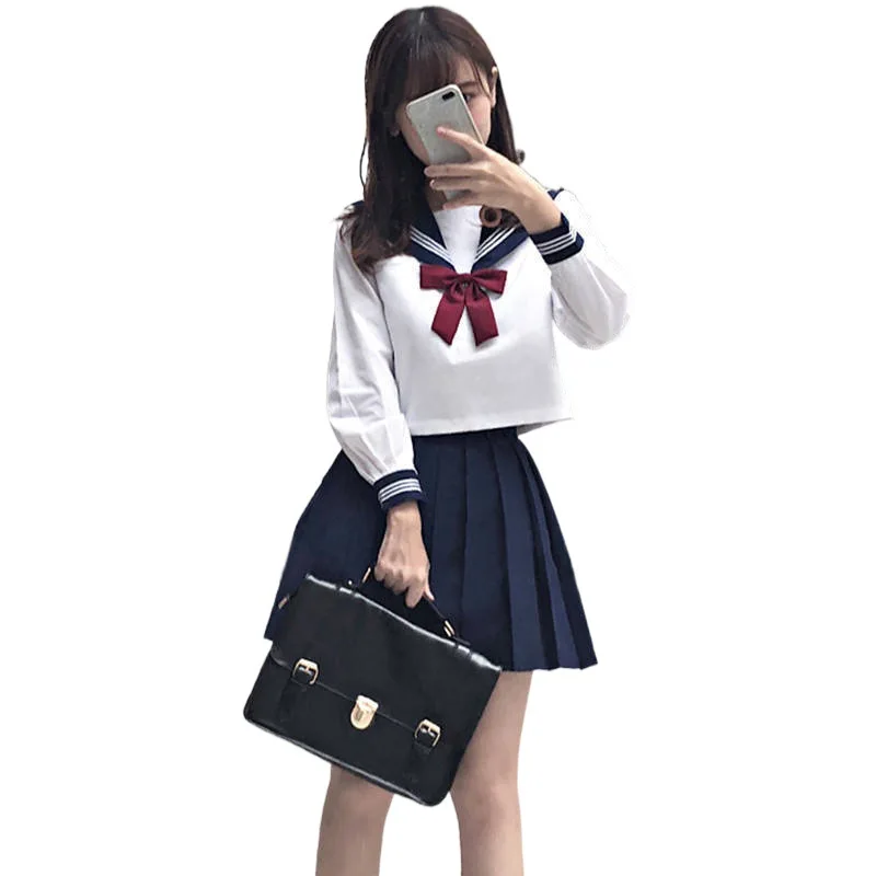 Japanese Style S-2xl Student Girls School Uniforms Girls Navy Costume Women Sexy Navy JK Suit Sailor Blouse Pleated Skirt