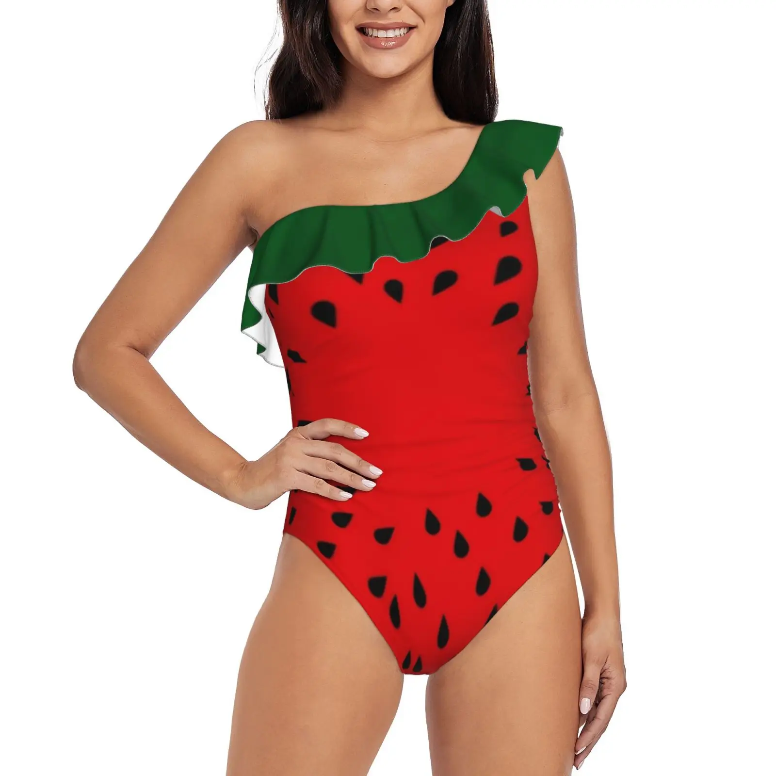 Watermelon One Shoulder Ruffle Swimsuit Print Swimwear Female One Piece Monokini Bathing Suit Watermelon Fruit Fruits Food