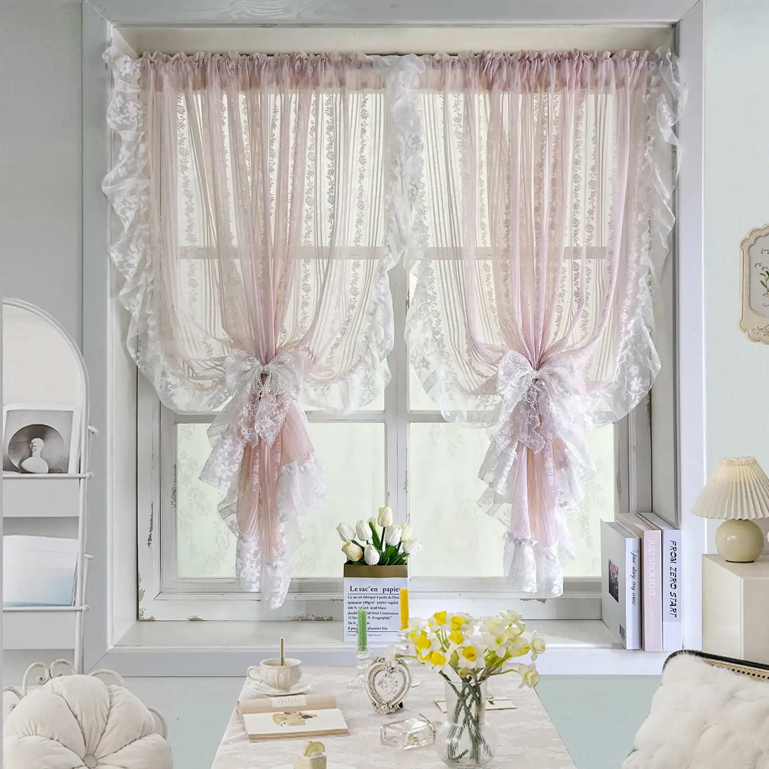 Romantic Ruffles Lace Barry Curtains Pastoral Floral Sheer Curtains for Cafe, Girls Room, Bedroom Decoration