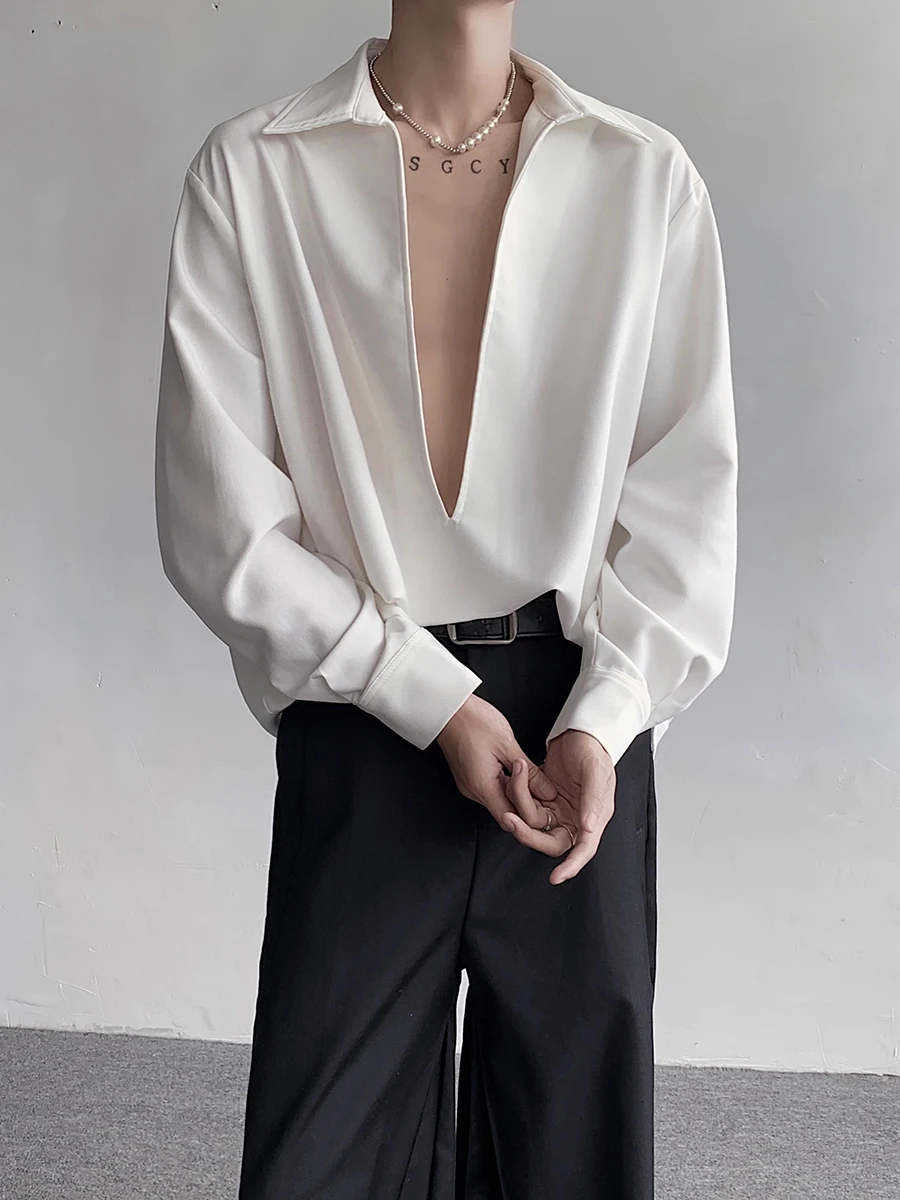 

White Long Sve Deep V-Ne irt for Men Sexy Restrained Design Autumn Outerwear Polyester Fiber Youth Trend Pure Color