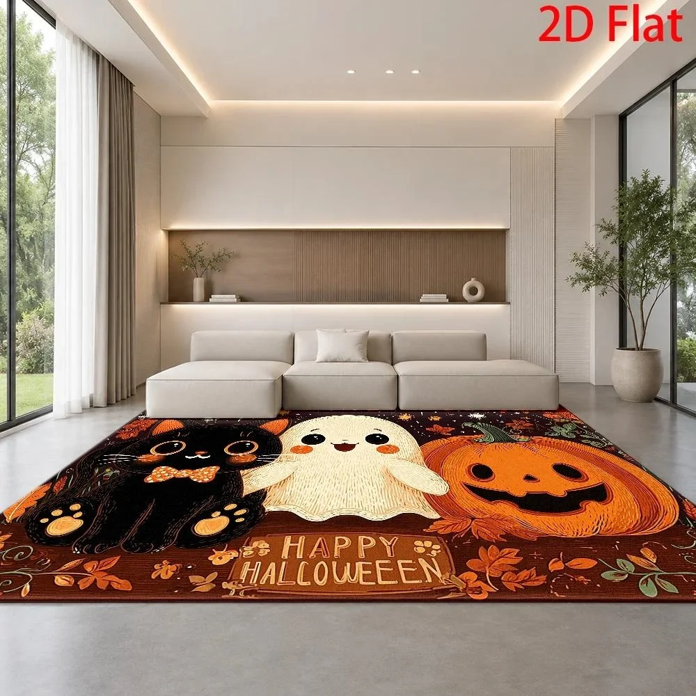 Cute Ghost Boo Halloween Rectangle Area Rug,Pumpkin Spider Printed Floor Carpet,Spooky Season Living Room Home Decor