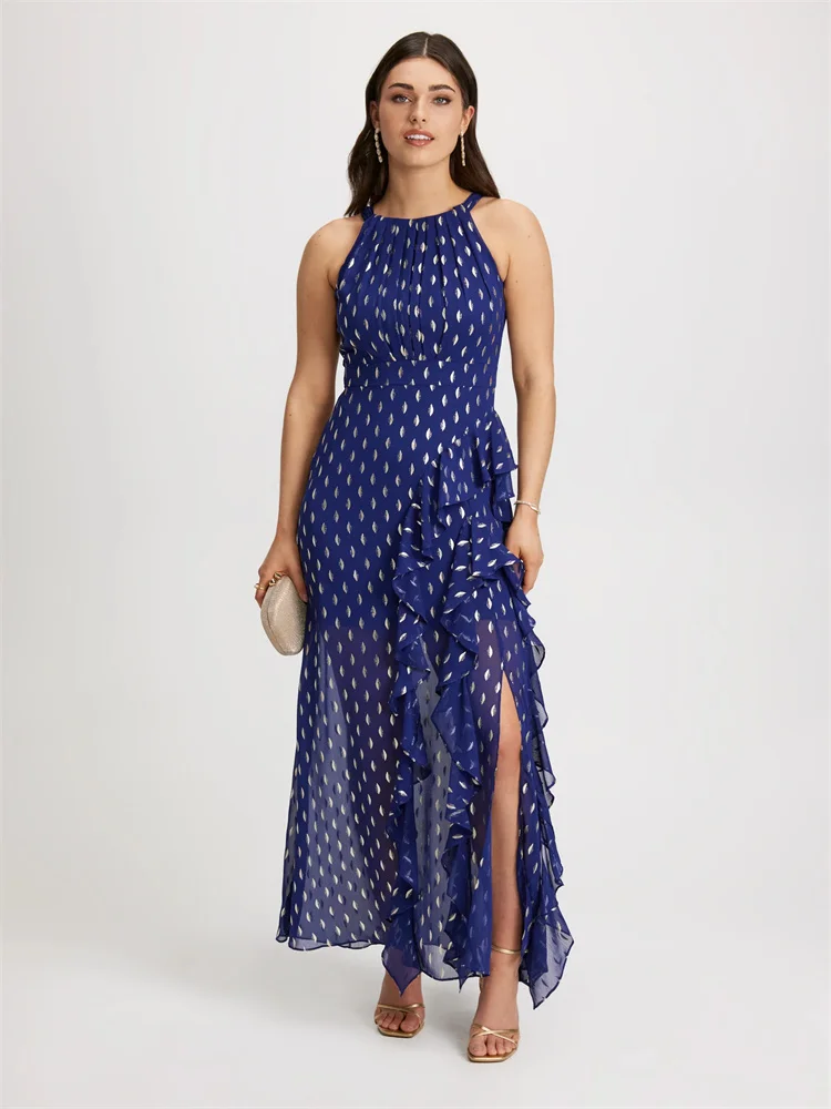 Customized Lightweight Polka Dot Print Ruffle Dress Sleeveless Halter Neck Tie All Over Polka Dot Print Ruffle Slit Evening Gown