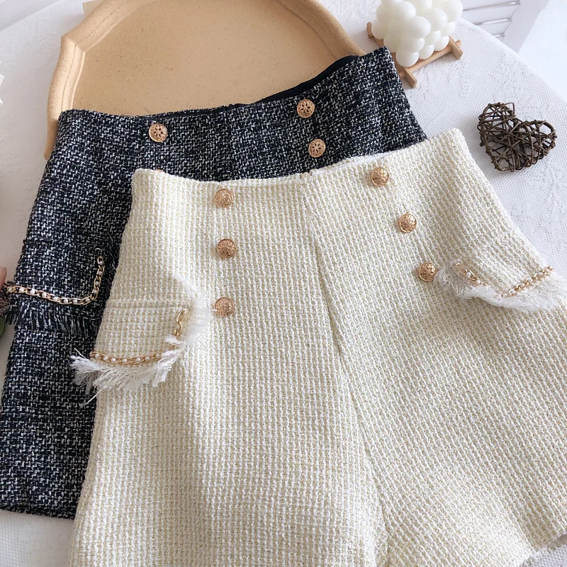 가을 겨울 신상 여성용 반바지 트위드 더블 브레스티드 하이웨이스트 태슬 엣지 가짜 포켓 반바지 따뜻한 와이드 레그 숏 팬츠