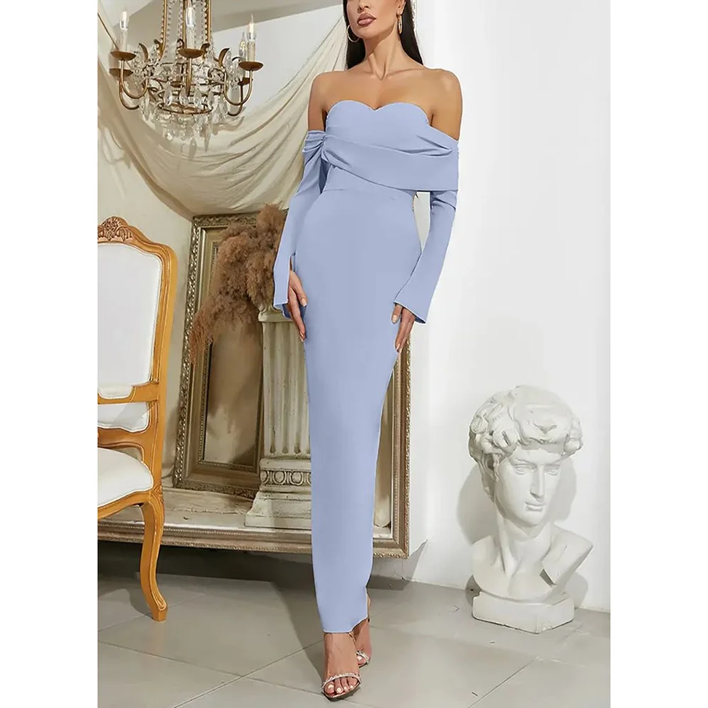 

Chic Sweetheart Full Sleeves Straight Ankle-Length Evening Party Dresses Off-the-shoulder Slit Banquet Dresses