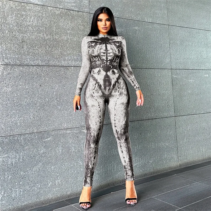 

Digital Printed Slim Fit Zipper Jumpsuit for Women 2023 Autumn Long Sleeve High Waist Sports One Piece Overall Streetwear