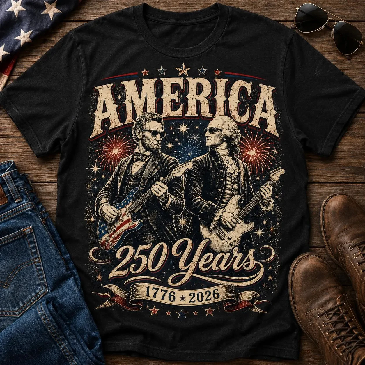 T-shirt patriotique 250 ans d'Amérique 1776-2026, Washington Lincoln Guitare Rétro, Jour de l'Indépendance, Décontracté, Manches Courtes, Fierté Américaine