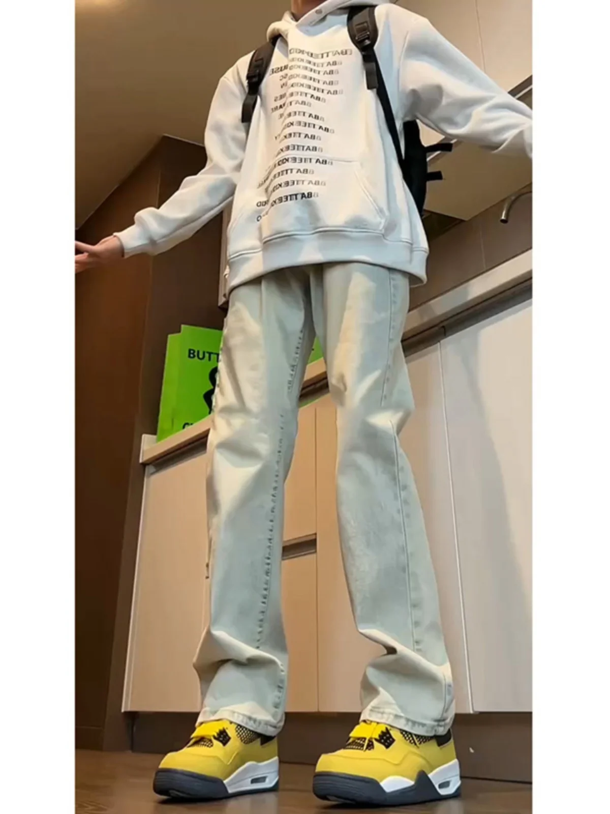 

Cleanfit Trendy Men's Fce Lined Straight Leg Jeans American High Street Slimming Long Pants Youthful Wear Resistant