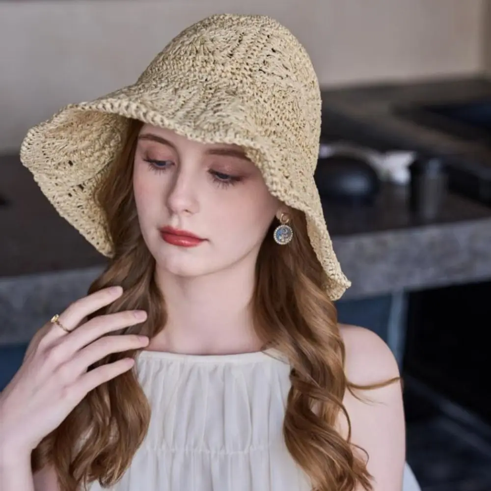 

British Style UV Protection Sunscreen Straw Hats Breathable Foldable Crochet Sun Cap Lightweight Bucket Cap Sun Protection