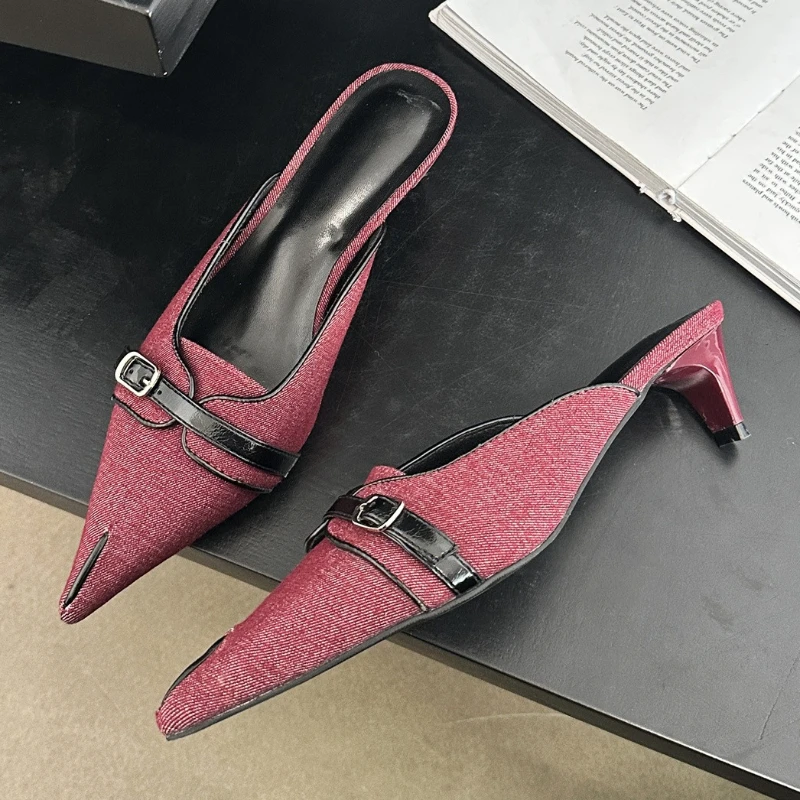 Women Summers Slingback Sandals Pointed Low Heel Mueller Slippers Female Belt Buckle Designer Offices Jeans Thin Heel Slippers