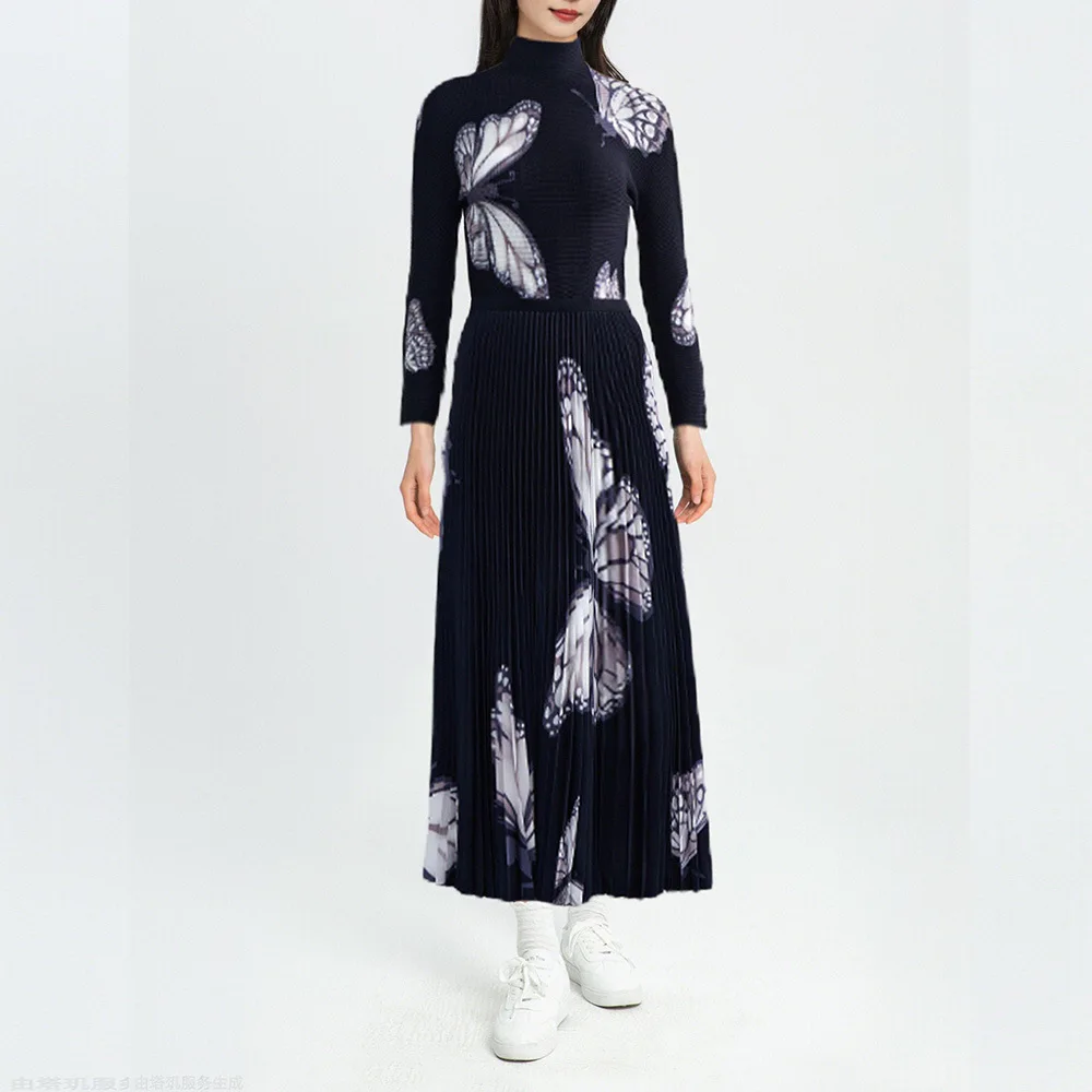 

Suits For Women 2022 Autumn Butterflies Printed Half Turtleneck Long Sleeved Stretch T-Shirt + Miyake Pleated Skirt 2PCS Set