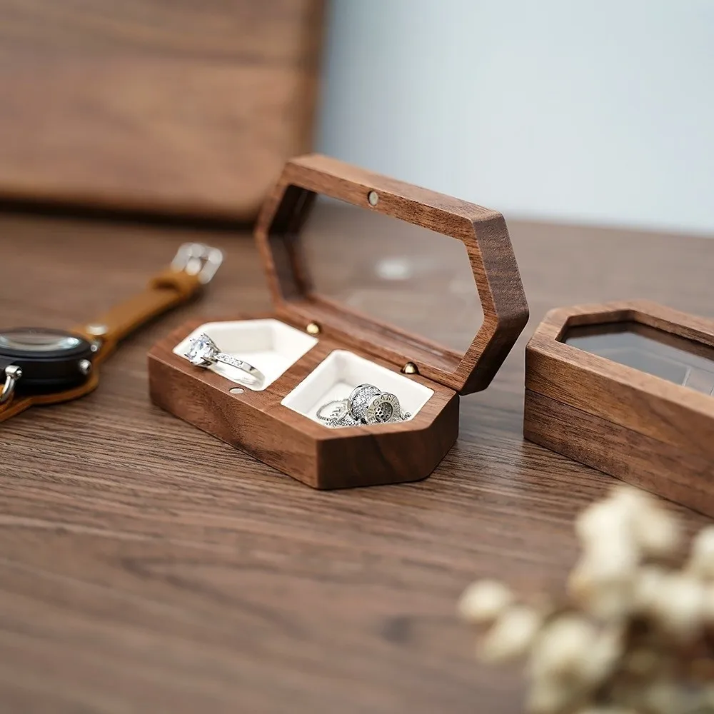 Luxury Hexagon Wooden Ring Box Proposal Gift Double Seat Engagement Ring Holder Velvet Lined Jewelry Storage box