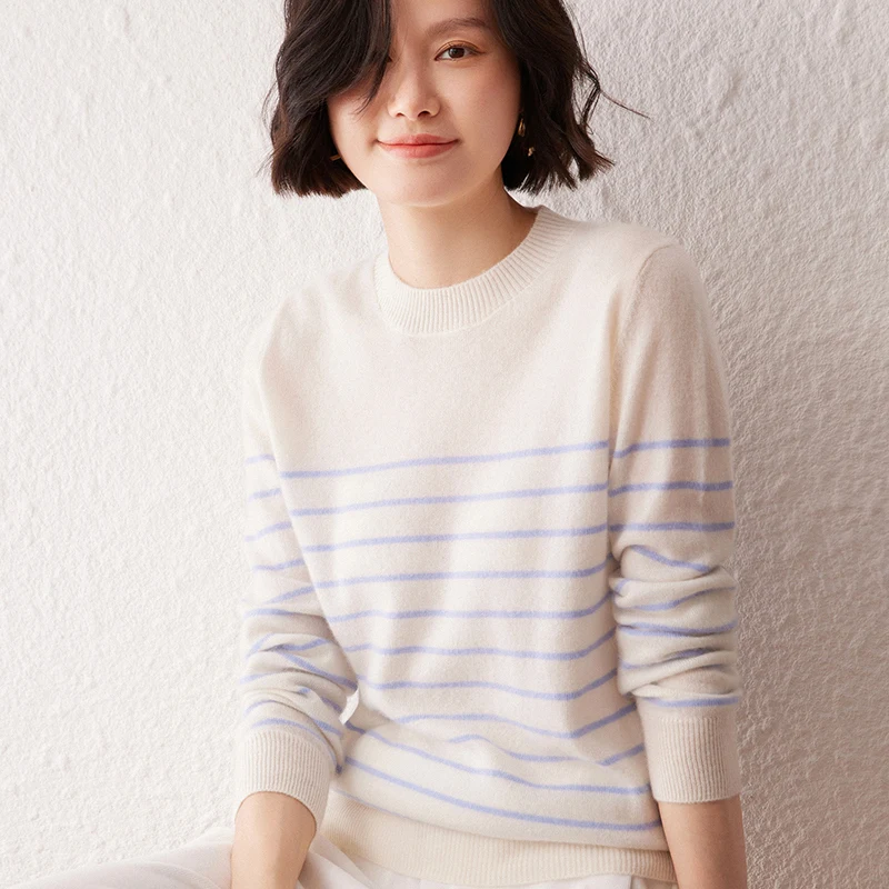 

Осенний новый женский свитер из 100% кашемира с круглым вырезом, полосатый пуловер с круглым вырезом, базовый свитер, универсальный шерстяной топ с цветными блоками