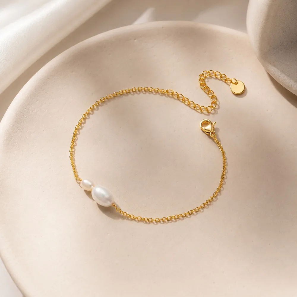 18k Vergoldetes Edelstahl Süßwasserperlen Einfaches Elegantes Kettenarmband Hochwertiges Mini Liebliches Mode-Accessoire