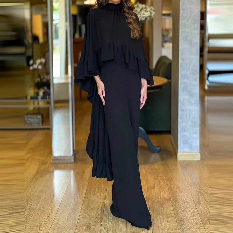 

Модная блузка с высоким воротником и длинные брючные костюмы для женщин, повседневная накидка с рукавами, однотонные комплекты из 2 предметов, элегантная одежда с рюшами для поездок на работу