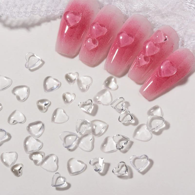 100pcs 3D Transparent Rhinestone Love Heart Charms For Nail Art Decoration Clear Resin Nail Charms Jewelry Manicure Accessories