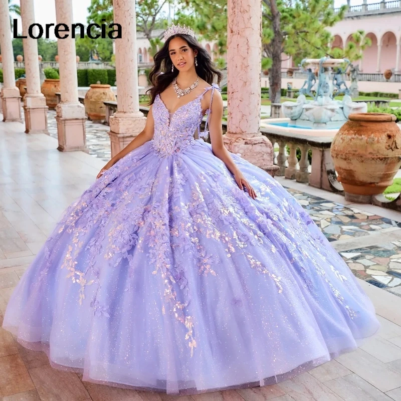 

Lorencia Lavender Lilac Quinceanera Dress Ball Gown 3D Flowers Applique Beading With Bow Sweet 16 Vestidos De 15 Años YQD681