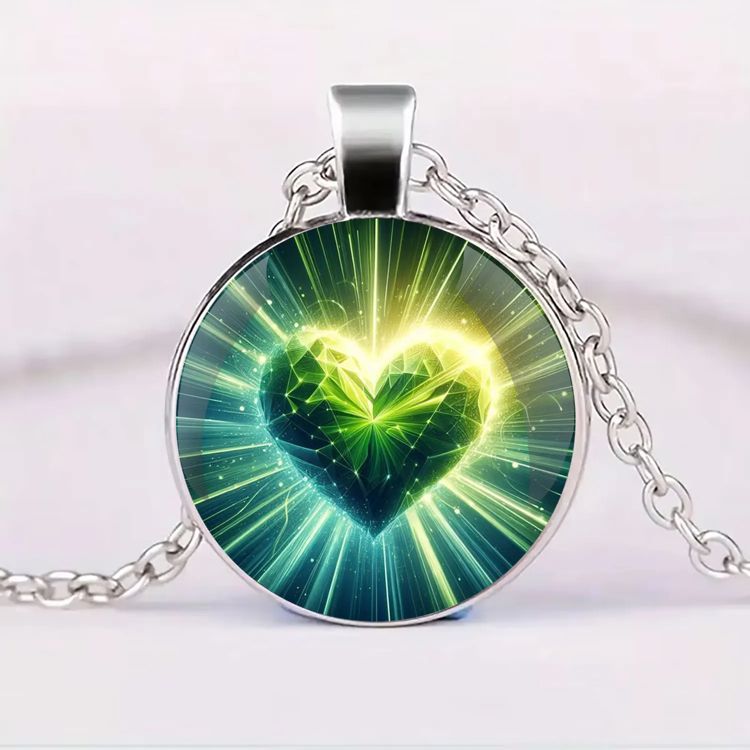 Fashion Meditacion Miguel Arcangel Green Heart Pendant Necklace Pendants Glass Dome Jewelry Necklace Pendant Personality Gift