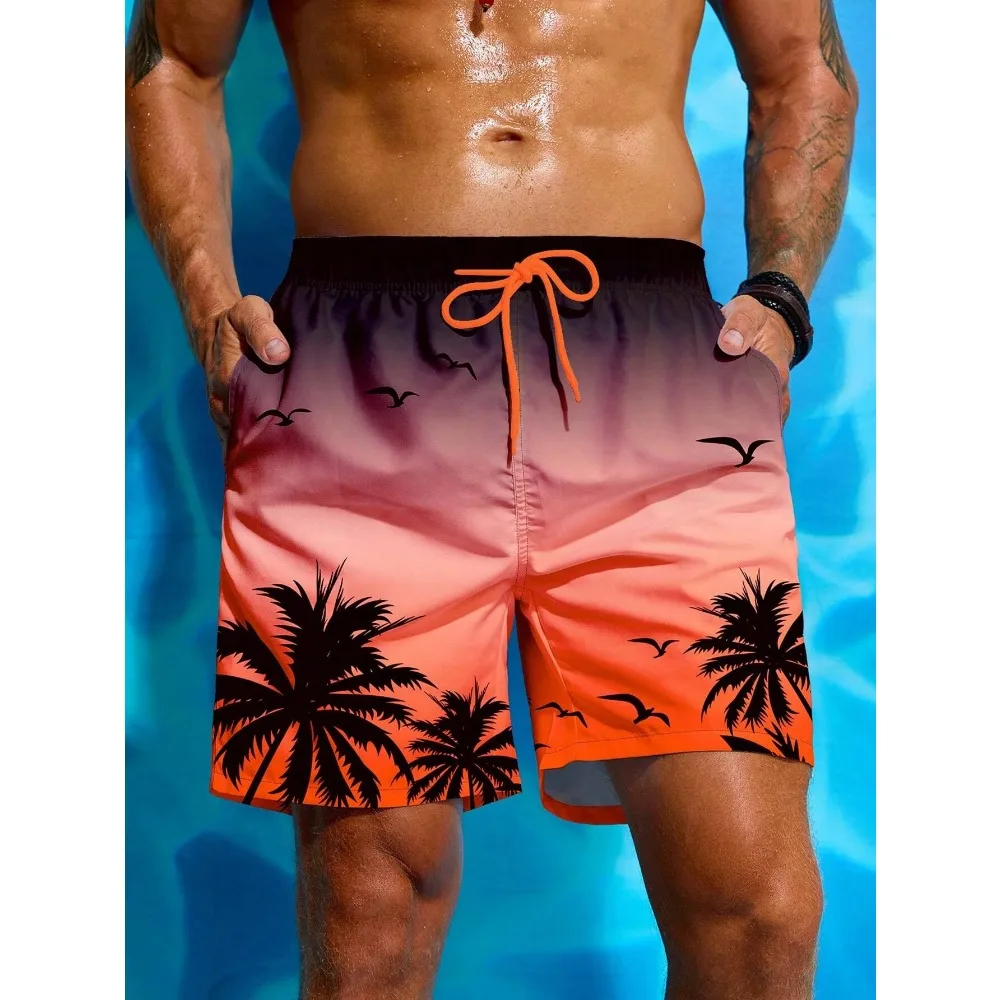 Summer Vacation Men\'s Palm Tree Print Drawstring Waist Board Shorts Fashion Swim Trunks 3D Print Breathable Short Streetwear