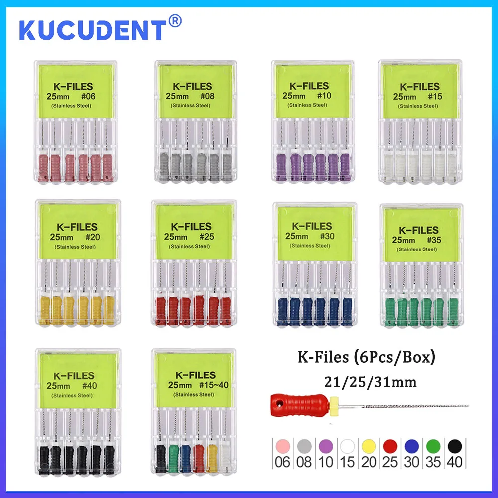 

KUCUDENT 6 Pcs Dental K Files 21/25/31mm Hand Use Stainless Steel Endo Root Canal Files Dentistry Endodontic Instruments Tools