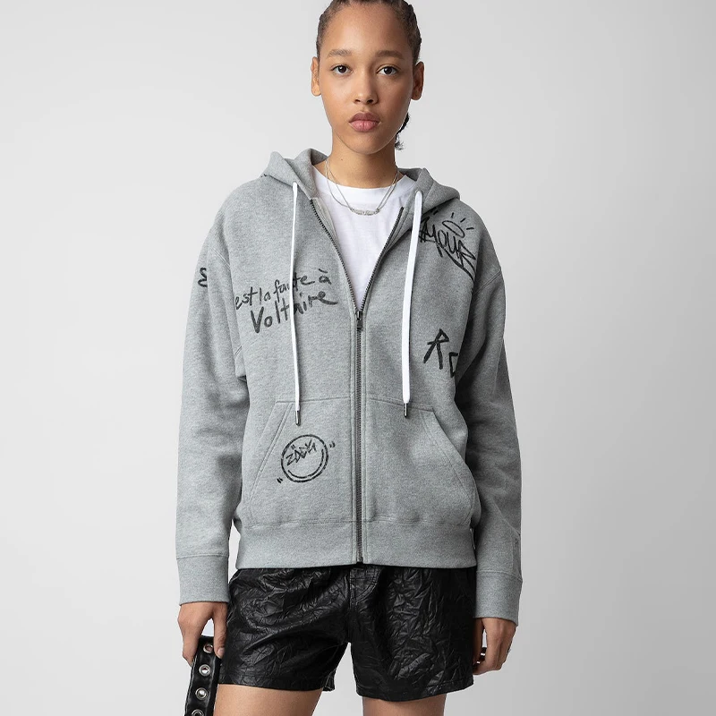 Zadig Winter Hoodie Women Women Grey Casual Sweatshirts Tops Female Autumn Chic Alphabetical Graffiti Jacket Lady Hoodie Top