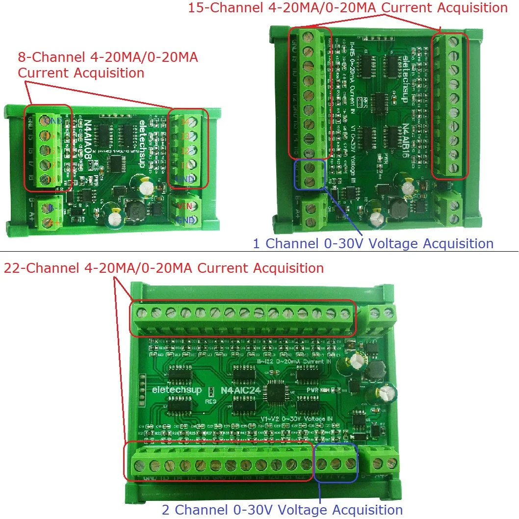 8-24CH 4-20MA To RS485 Current Analog Input Collector Module MODBUS RTU Board For PT100 K Thermocouple Pressure Sensor DC 12 24